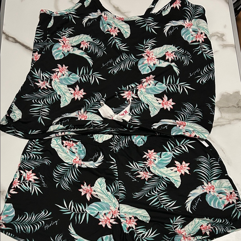 Tropical Print Black Tank and Shorts Set